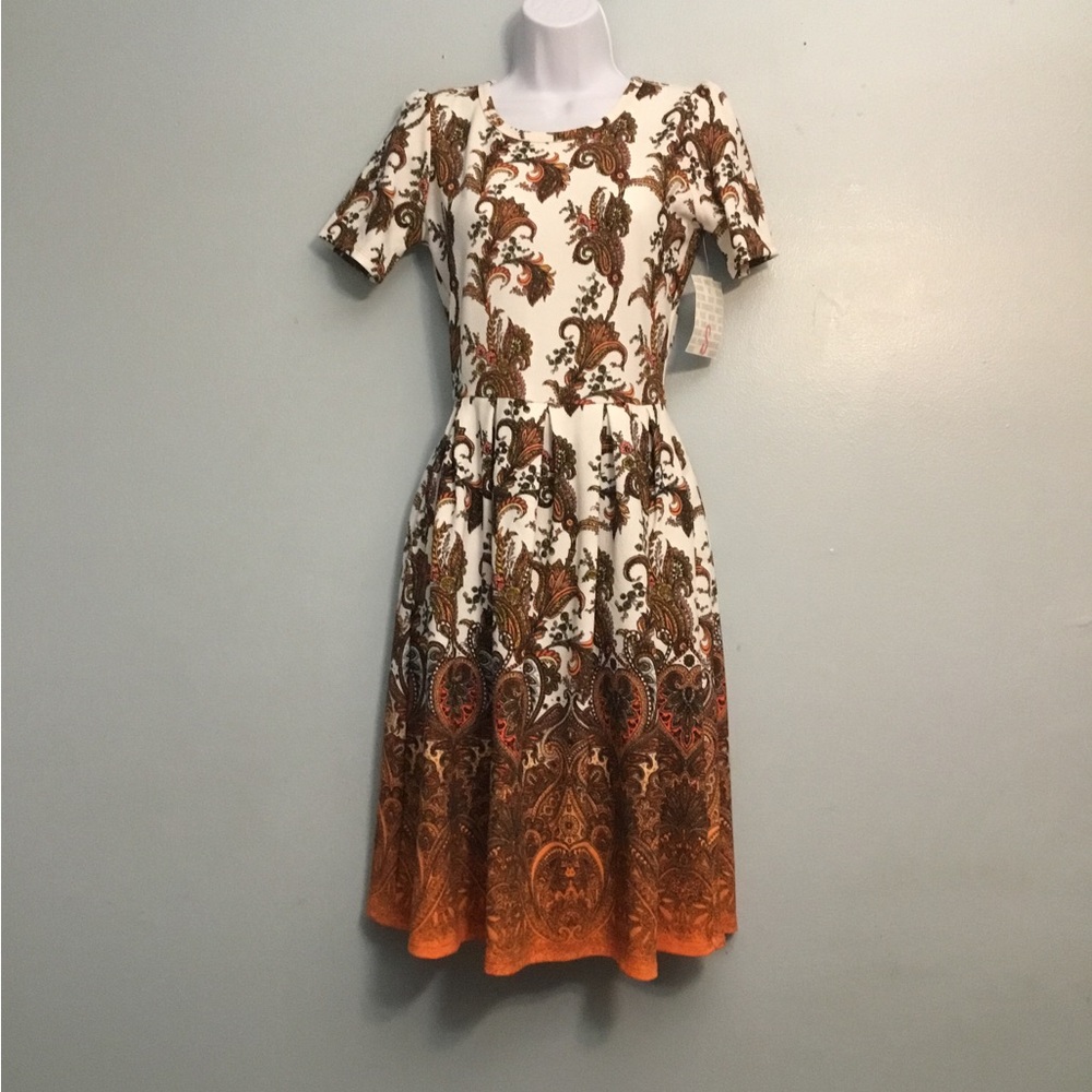 LuLaRoe Cream and Orange Paisley Midi Dress